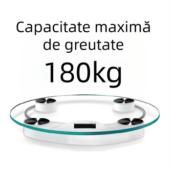 Cântar de greutate cu sticlă temperată, design rotund transparent, capacitate maximă 180 kg, alimentat cu baterie, pentru uz casnic
