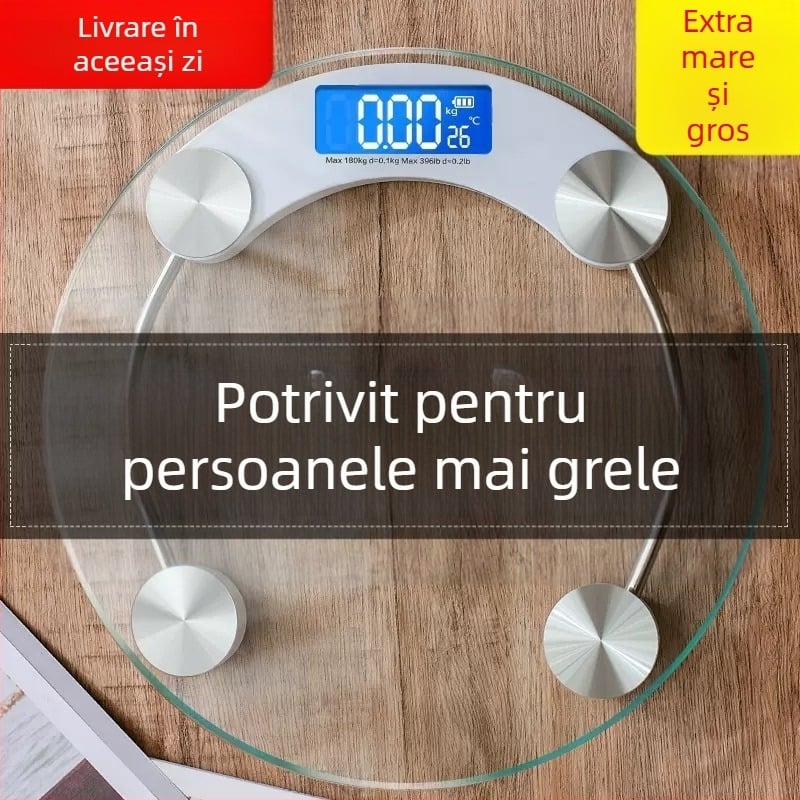 Cântar de greutate cu sticlă temperată, design rotund transparent, capacitate maximă 180 kg, alimentat cu baterie, pentru uz casnic