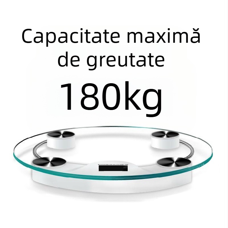 Cântar de greutate cu sticlă temperată, design rotund transparent, capacitate maximă 180 kg, alimentat cu baterie, pentru uz casnic