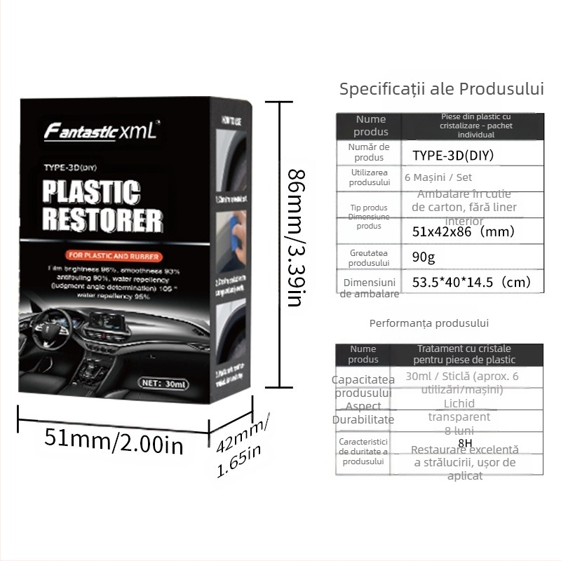Piese din plastic pentru interiorul mașinii cu strat de cristal – agent de recondiționare a luciului neorganic – 30 ml – uscare în 3 minute – durată de viață 3 ani