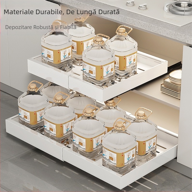 Organizator telescopic pentru dulap, extensibil, sub chiuvetă — spațiu pentru condimente, veselă și obiecte mici de bucătărie