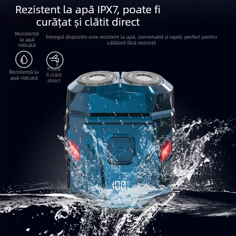 Aparat de ras electric, portabil și rezistent la apă, cu afișaj LED, cap rotativ cu două lame, baterie încorporată, până la 50 de minute.