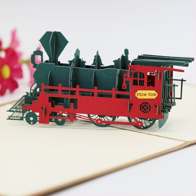 Carte de felicitare 3D cu locomotiva vintage, pe hârtie specială – cadou pentru Ziua Copilului