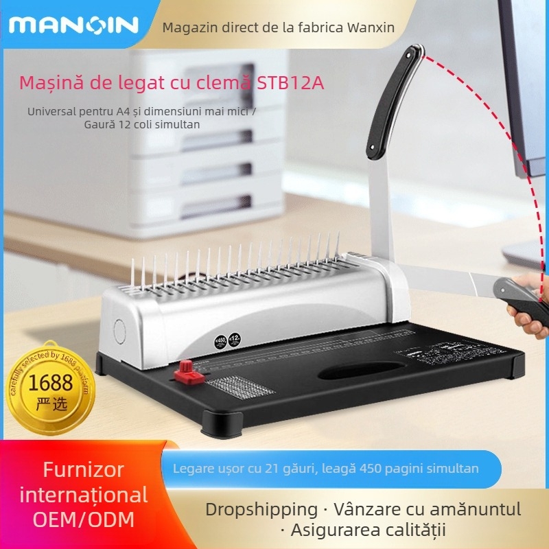 Mașină manuală de legat cu creastă – 21 găuri, capacitate 12 coli, model STB12A, greutate 2,85 kg