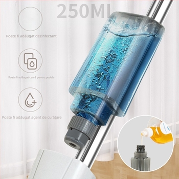 Mop plat cu spray de apă, cap din fibre fine, țija din oțel inoxidabil, lungime telescopică 121 cm, mecanism de stoarcere cu role, capacitate de încărcare 15 kg