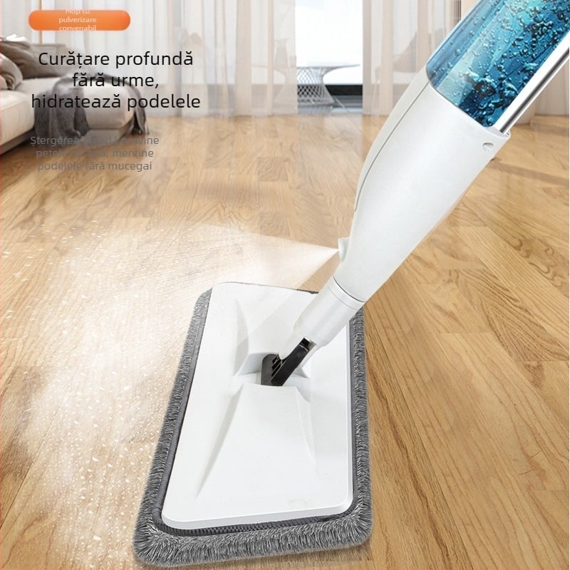 Mop plat cu spray de apă, cap din fibre fine, țija din oțel inoxidabil, lungime telescopică 121 cm, mecanism de stoarcere cu role, capacitate de încărcare 15 kg
