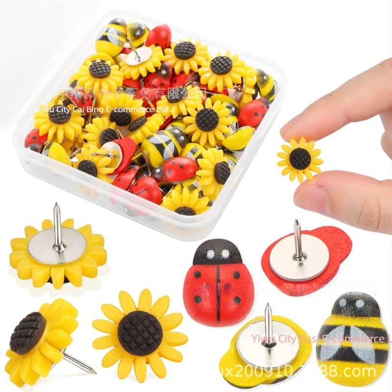 Yuspai push pins din rășină, cartoon bee, ladybug și sunflower, set 30 bucăți, pentru perete foto și tablă de mesaje; plastic, ambalare în cutie