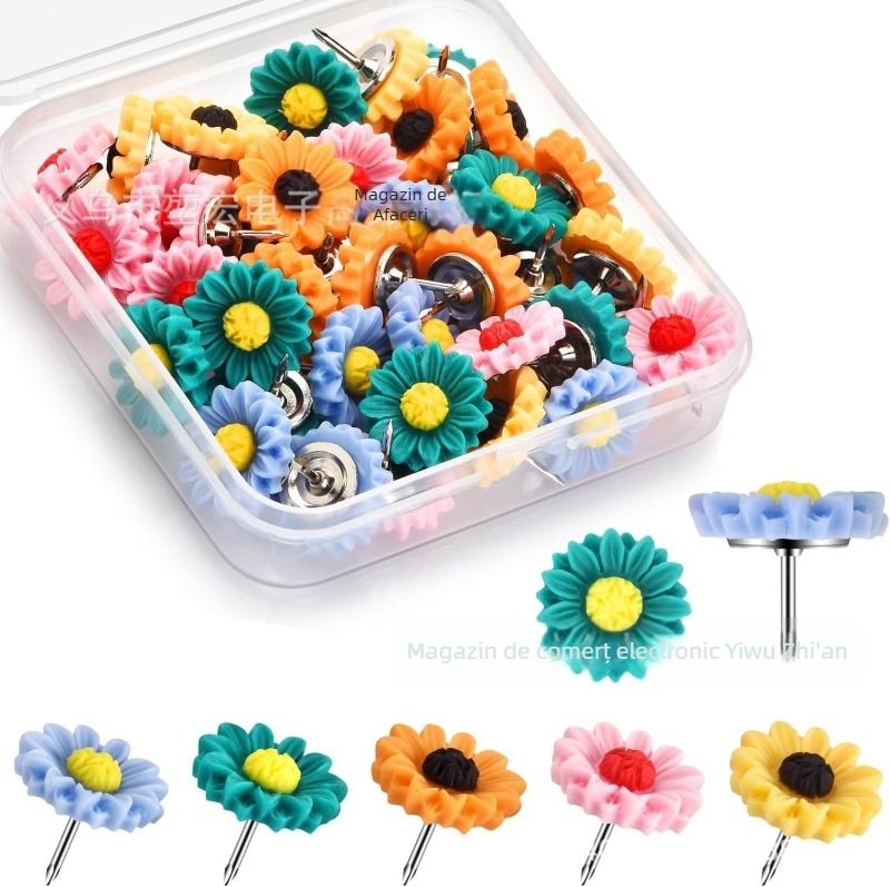Cuie decorative din rășină în formă de floare de floarea-soarelui – cuie I din plastic, ambalate în cutie, model cui de presiune, decor DIY