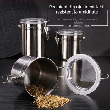 Set de 4 borcane din oțel inoxidabil sigilate, design rotund, capacitate 800-1000 ml fiecare, pentru cafea, ceai, lapte praf și fructe uscate
