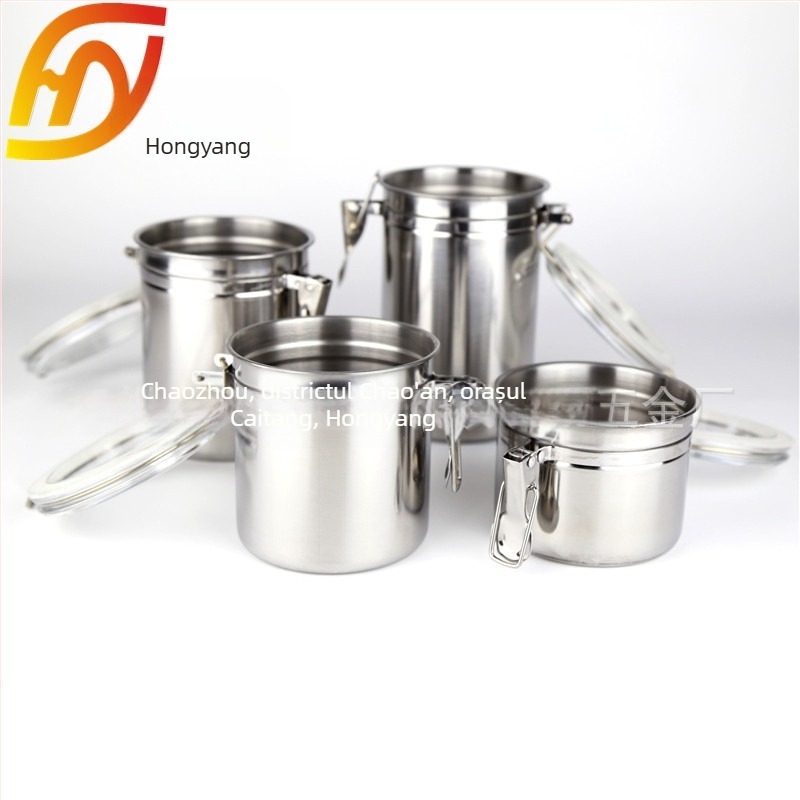 Set de 4 borcane din oțel inoxidabil sigilate, design rotund, capacitate 800-1000 ml fiecare, pentru cafea, ceai, lapte praf și fructe uscate