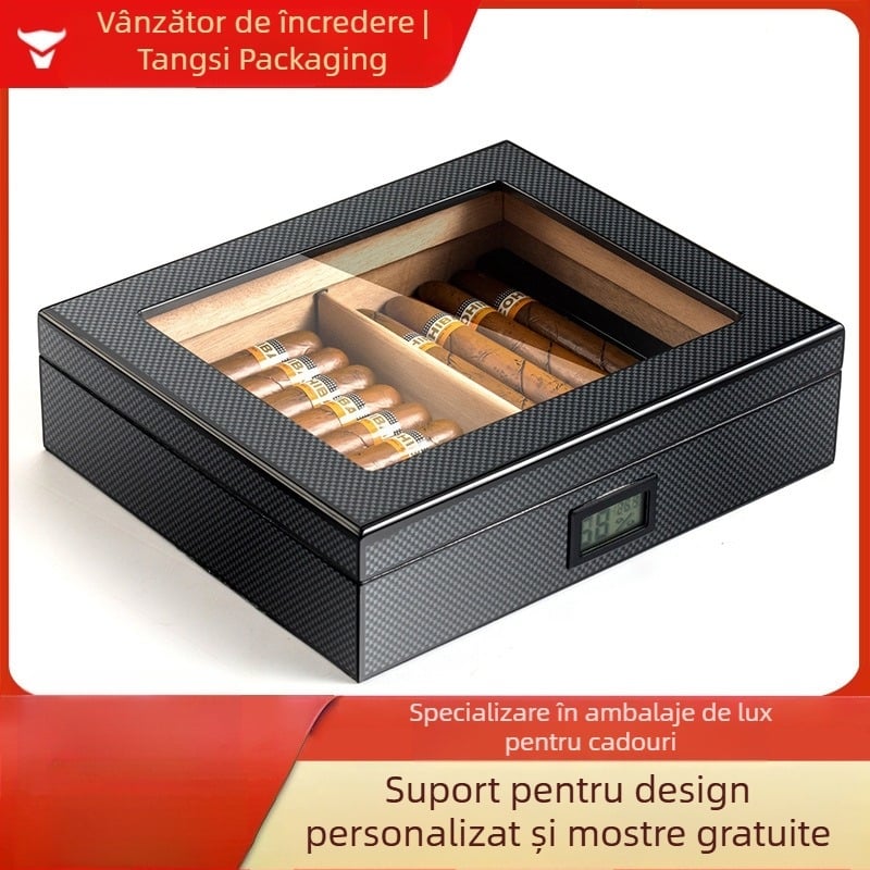 TS200 humidor din cedru cu afișaj electronic și temperatură constantă, cutie de trabucuri din fibră de carbon cu finisaj argintiu, capacitate 20 trabucuri, portabil