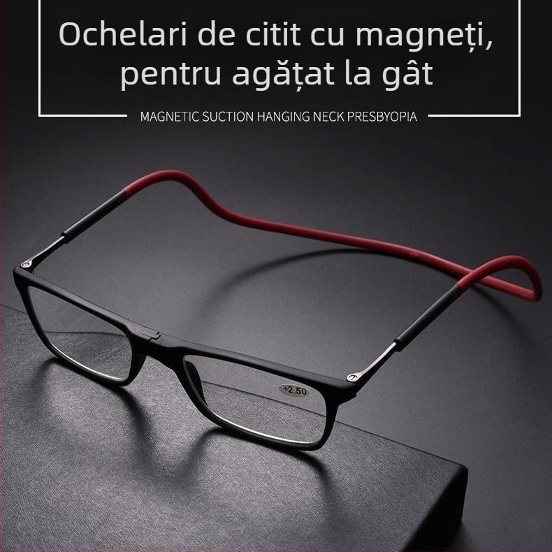 Ochelari de lectură cu lentile din rășină, anti-lumină albastră, ramă TR90, cadru pătrat, curea magnetică pentru gât