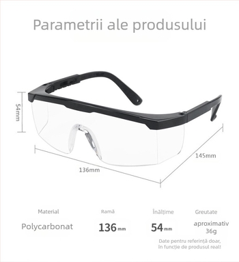 Ochelari de protecție din policarbonat, cadru reglabil, grosime lentile 2 mm, anti-praf și anti-ceată