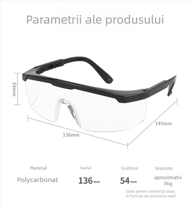 Ochelari de protecție din policarbonat, cadru reglabil, grosime lentile 2 mm, anti-praf și anti-ceată