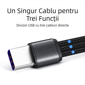 Cablu de încărcare împletit, multi-conector USB-C/Lightning/Micro USB, 3 ieșiri, Quick Charge 22.5W, aliaj de aluminiu