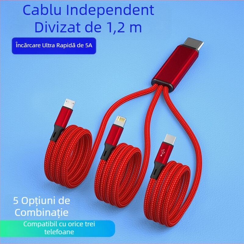 Cablu de încărcare împletit, multi-conector USB-C/Lightning/Micro USB, 3 ieșiri, Quick Charge 22.5W, aliaj de aluminiu