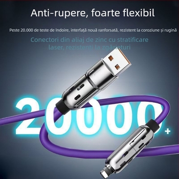 Cablu 4 în 1 pentru încărcare rapidă și transfer de date, cu conectori Lightning și USB-C, indicator LED