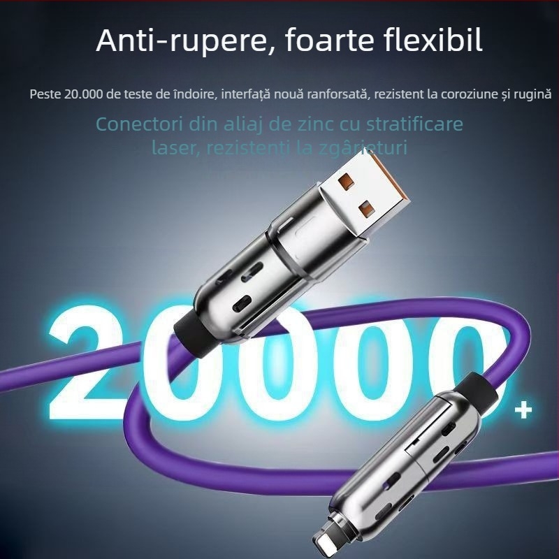Cablu 4 în 1 pentru încărcare rapidă și transfer de date, cu conectori Lightning și USB-C, indicator LED
