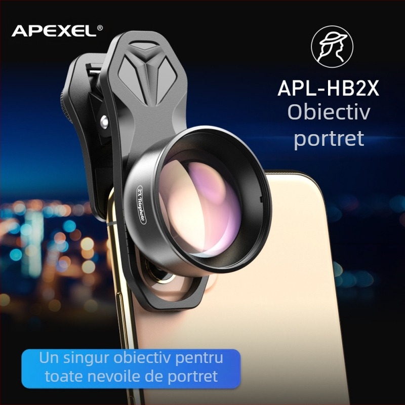 Apexel APL-HB2X obiectiv extern pentru telefon — teleextender, portret, macro și unghi larg, compatibil cu iPhone și Android