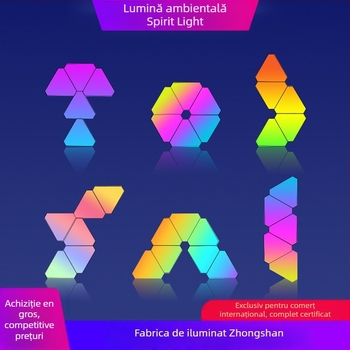 Panou luminos triunghiular cu atmosferă cuantică pentru gaming — Control prin aplicație, Alimentare USB 5V, Montaj pe perete cu ventuză, Ștergere iluminare ambientală, Suport pentru personalizare