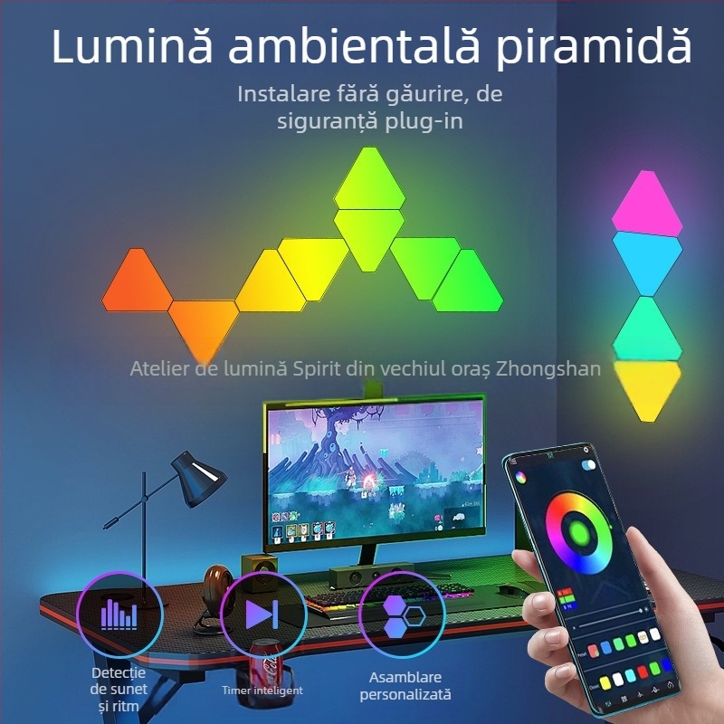 Panou luminos triunghiular cu atmosferă cuantică pentru gaming — Control prin aplicație, Alimentare USB 5V, Montaj pe perete cu ventuză, Ștergere iluminare ambientală, Suport pentru personalizare