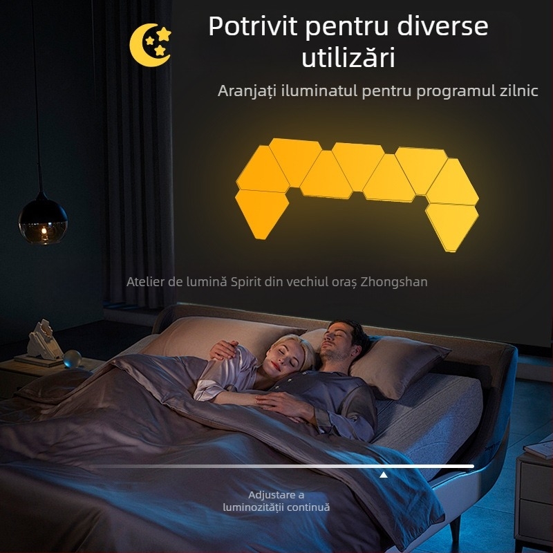 Panou luminos triunghiular cu atmosferă cuantică pentru gaming — Control prin aplicație, Alimentare USB 5V, Montaj pe perete cu ventuză, Ștergere iluminare ambientală, Suport pentru personalizare