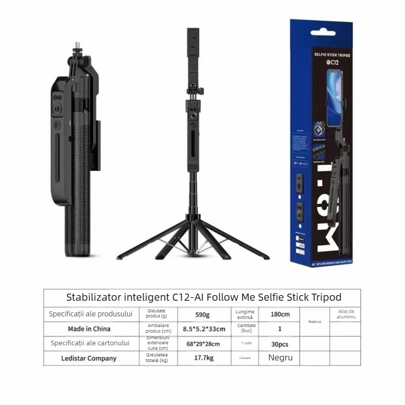 Gimbal cu AI pentru urmărire facială, pan-tilt 360°, antișoc, Bluetooth și telecomandă