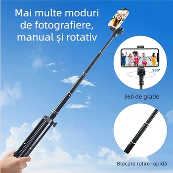 Stativ de podea pentru telefon mobil și tabletă cu iluminare pentru fotografiere (Material: aliaj de aluminiu; Capacitate de încărcare: până la 2 kg; Tip PTZ: gimbal tridimensional; Număr secțiuni: 5; Înălțime reglabilă)