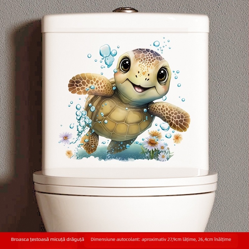 Decal decorativ pentru capacul de WC – design drăguț de broască țestoasă, PVC impermeabil, autocolant de perete pentru baie, stil modern minimalist.