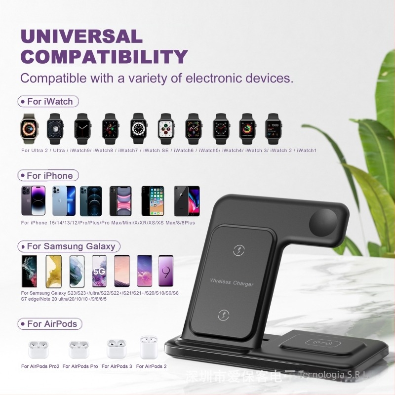 Încărcător wireless pliabil 3-in-1 pentru iPhone, Apple Watch și AirPods (încărcare rapidă de 15W, QC3.0, 9V/2A)