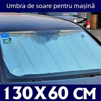 Parasolar auto din folie de aluminiu, dublu-faț, 120–130 g, montaj cu ventuză, pentru parbrizul frontal
