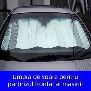 Parasolar auto din folie de aluminiu, dublu-faț, 120–130 g, montaj cu ventuză, pentru parbrizul frontal