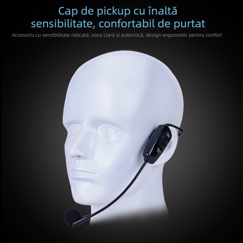 XYD02 microfon headset wireless UHF, cu răspuns supercardioid, baterie încorporată 300–500 mAh, autonomie 3–6 ore