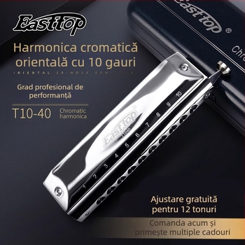 Armonică cromatică pentru începători, 10 găuri, model T1040, semi-scale, capac cromat din cupru (10 găuri, semi-scale, model T1040, capac cromat din cupru)