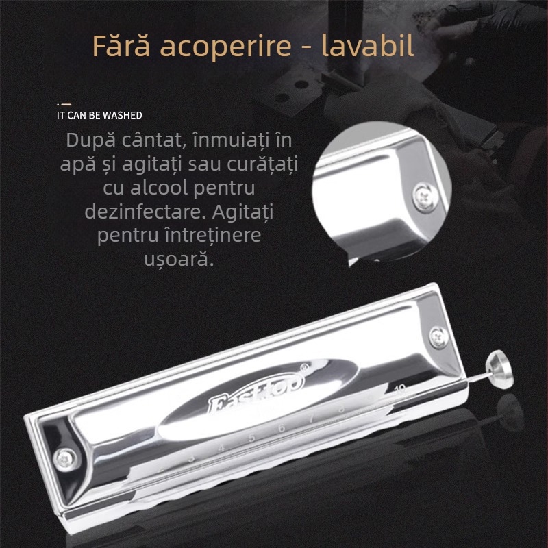 Armonică cromatică pentru începători, 10 găuri, model T1040, semi-scale, capac cromat din cupru (10 găuri, semi-scale, model T1040, capac cromat din cupru)