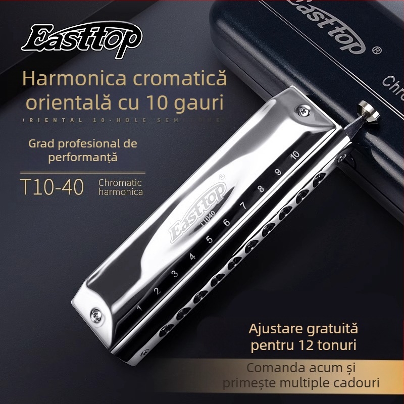 Armonică cromatică pentru începători, 10 găuri, model T1040, semi-scale, capac cromat din cupru (10 găuri, semi-scale, model T1040, capac cromat din cupru)