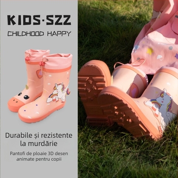 Cizme de ploaie pentru copii – Seria Dinozaur-Unicorn, În desen animat, Partea superioară din cauciuc, Toamnă-Iarnă, 4–12 ani