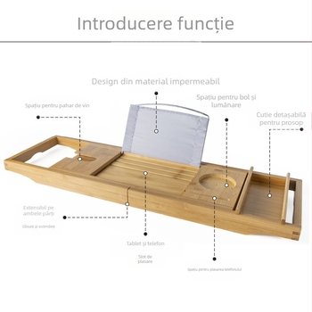 Raft de baie din bambus cu design telescopic, suport pentru telefon și bază antiderapantă
