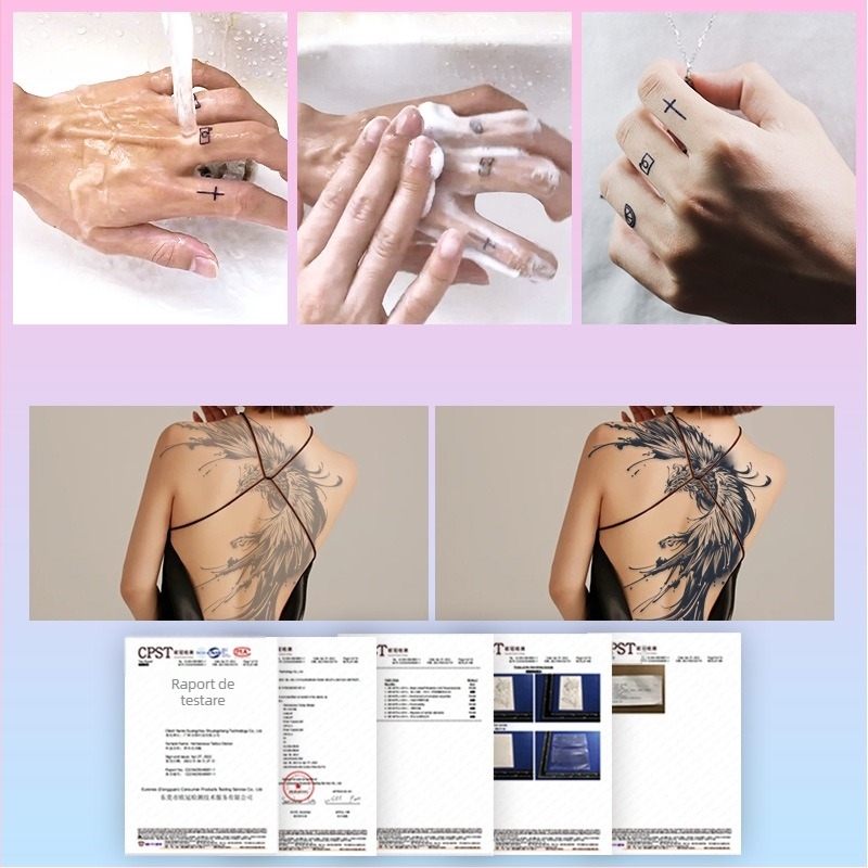 Phoenix autocolant tatuaj temporar pentru spate complet, pentru bărbați și femei — design cu cerneală tradițional, imprimare prin transfer prin apă, personalizabil, etichetă privată licențiată (Material: carton alb; Proces: Transfer prin apă; Personalizare