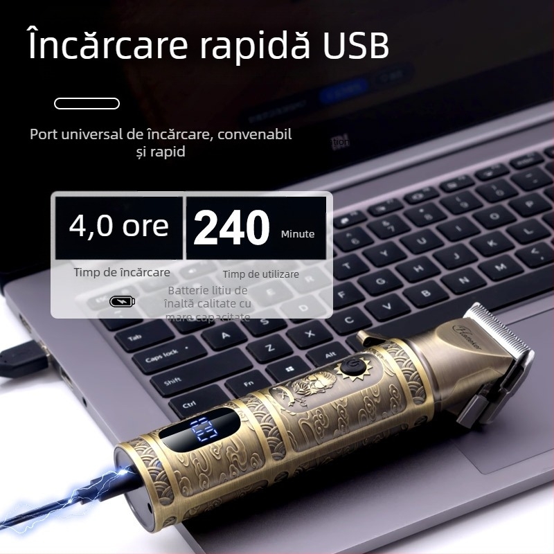 Mașină de tuns păr electrică cu motor cu perii, lamă din oțel inoxidabil, baterie încorporată de 2000–4000 mAh, autonomie 3–6 ore