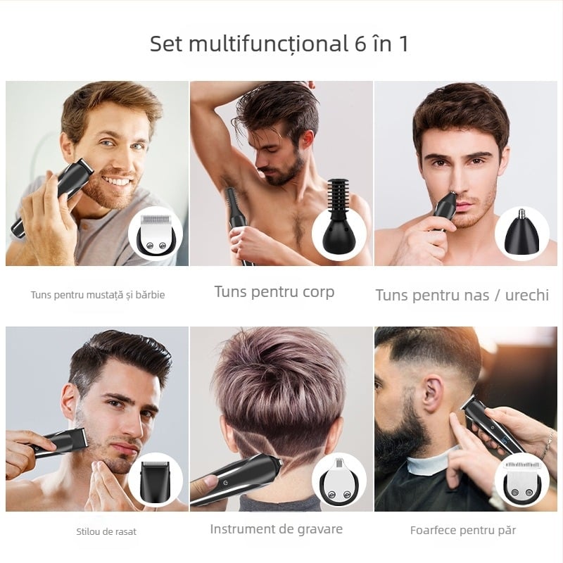 Mașină de tuns păr electrică 6 în 1 cu afișaj LCD; corp din ABS; include foarfece de sculptură, trimmer pentru sprâncene și set de ras