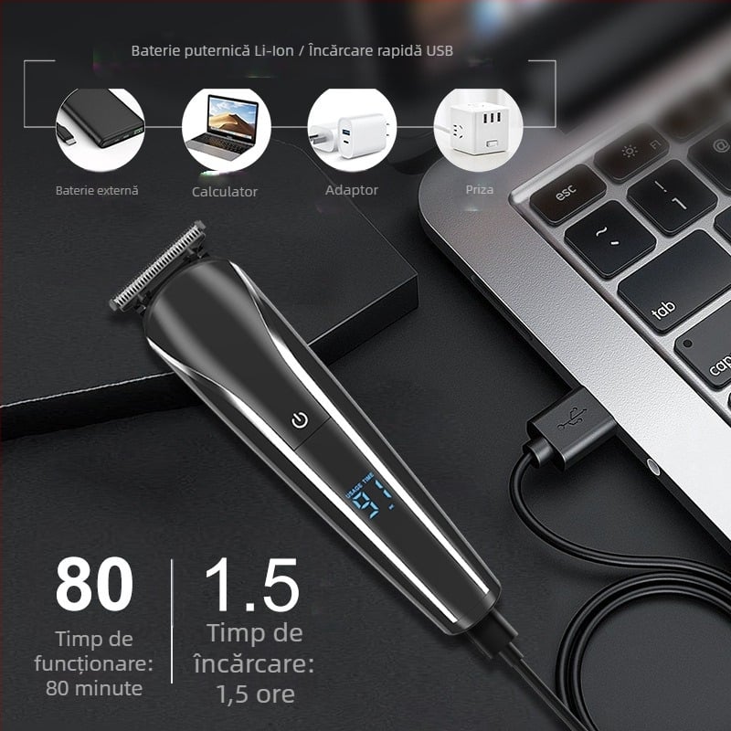 Mașină de tuns păr electrică 6 în 1 cu afișaj LCD; corp din ABS; include foarfece de sculptură, trimmer pentru sprâncene și set de ras