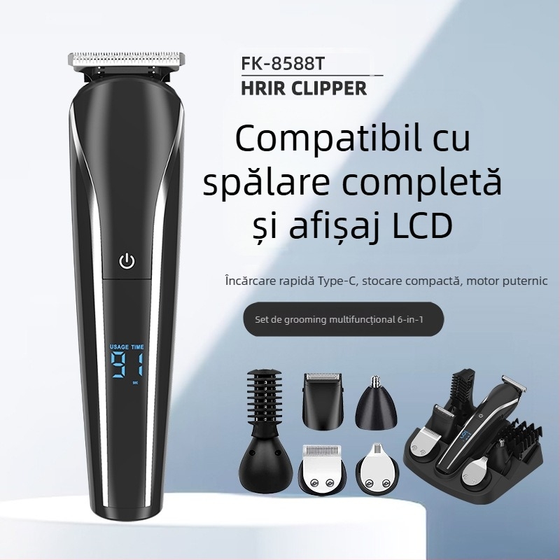 Mașină de tuns păr electrică 6 în 1 cu afișaj LCD; corp din ABS; include foarfece de sculptură, trimmer pentru sprâncene și set de ras
