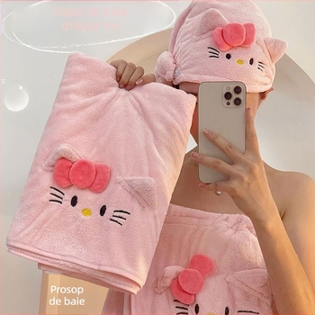 Halat de baie cu design pisică Cartoon din coral fleece, cu căciulă de uscare păr, unisex, 350 g, 91–95% poliester