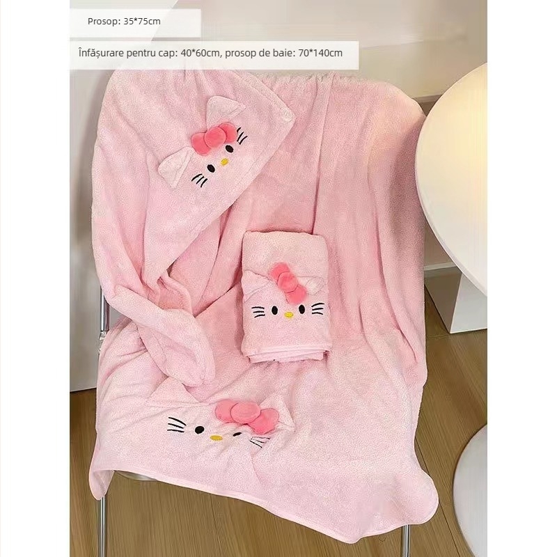 Halat de baie cu design pisică Cartoon din coral fleece, cu căciulă de uscare păr, unisex, 350 g, 91–95% poliester