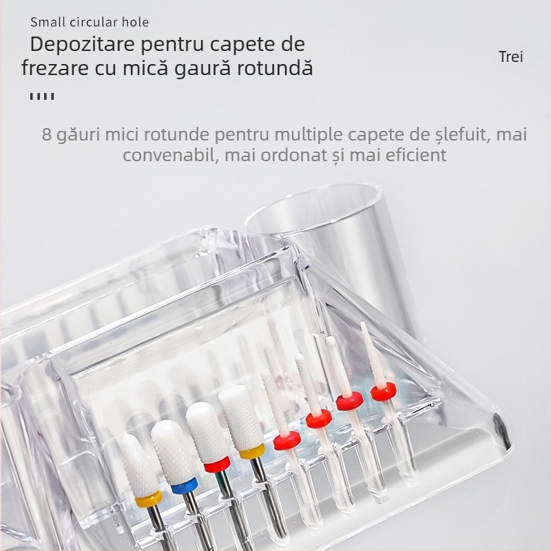 Chusha cutie de depozitare pentru unelte de manichiură cu spațiu pentru capul de șlefuire din oțel wolfram și suport de expunere transparent pentru birou – 1 piesă