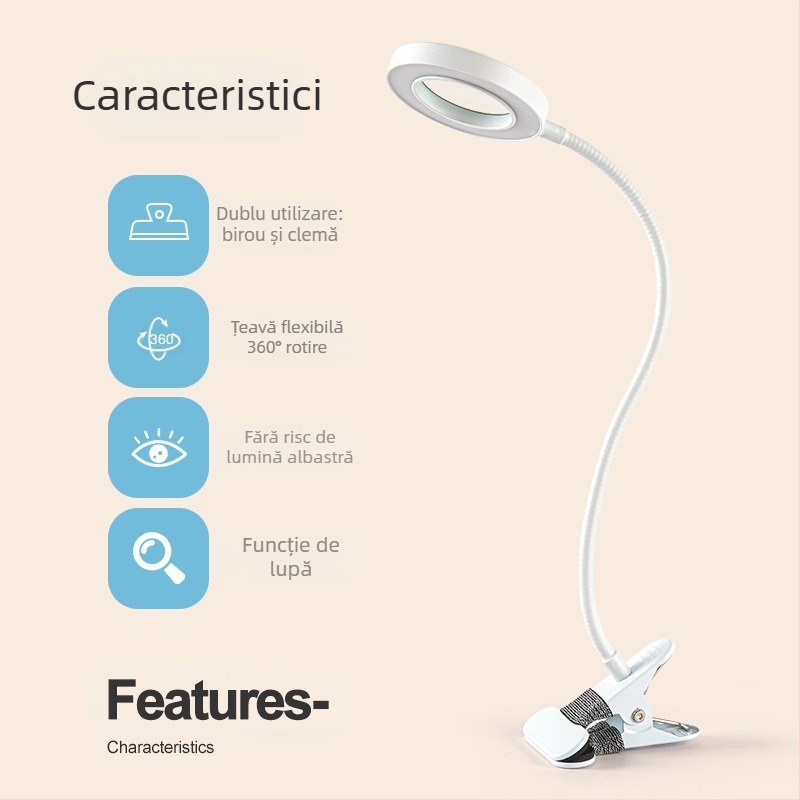 Lampa de birou cu lupă 5x, alimentare USB, clemă metalică, braț flexibil 360°, reglaj de culoare în trei nuanțe și 10 niveluri de luminozitate