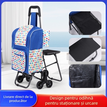 Cărucior de cumpărături pliabil, cu taburet, portabil, mobil, sarcină maximă 60 kg