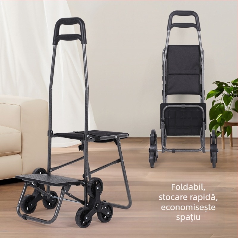 Cărucior de cumpărături pliabil, cu taburet, portabil, mobil, sarcină maximă 60 kg