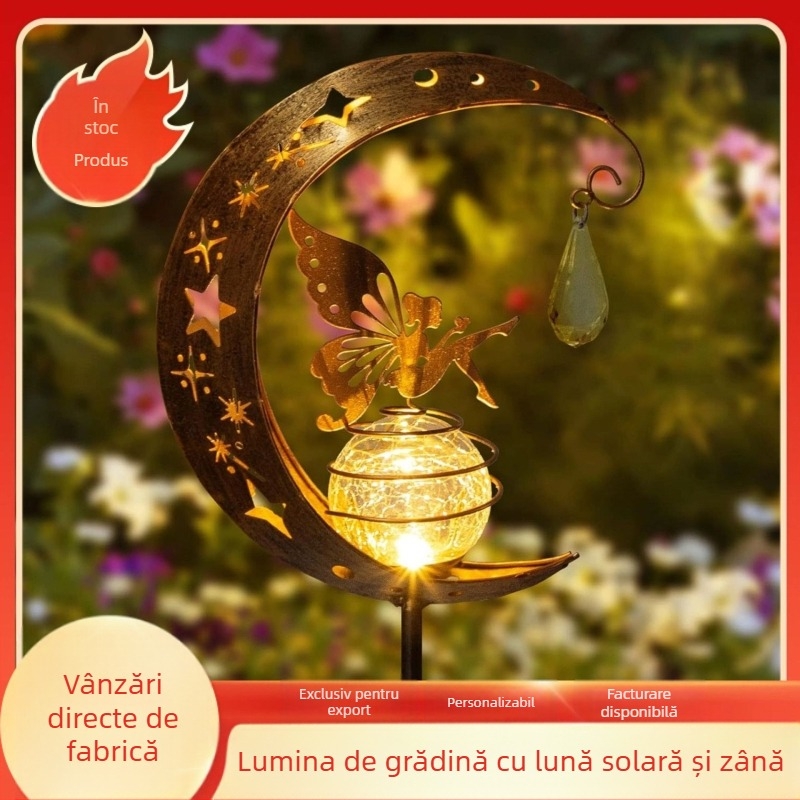 Lampă solară Moon Fairy pentru grădină – fier/vintage și sticlă, lampă de grădină pe țăruș, IP44 impermeabil, 0.16W, 6–12h
